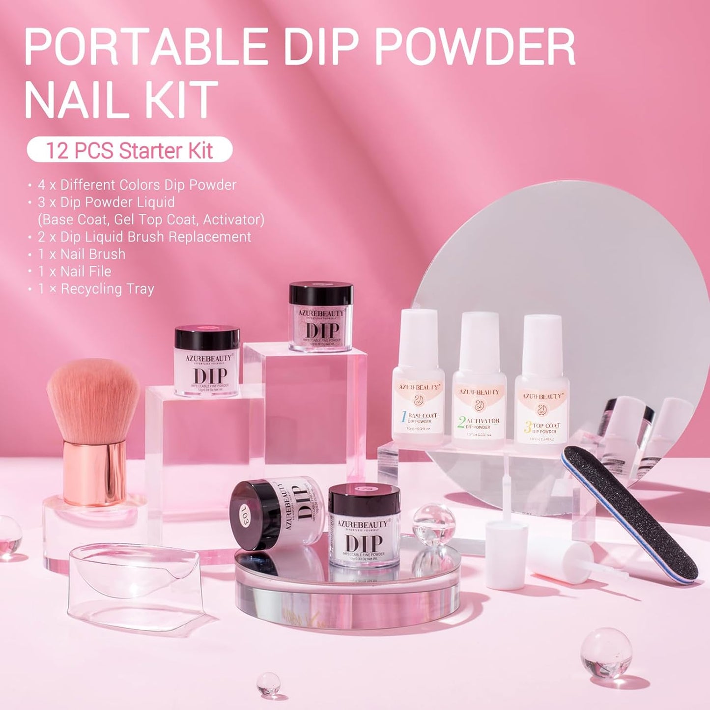 AZUREBEAUTY Dip Powder Nail Kit - 4 Colors Glitter Soft Pink French Nail Art | Base & Top Coat Included