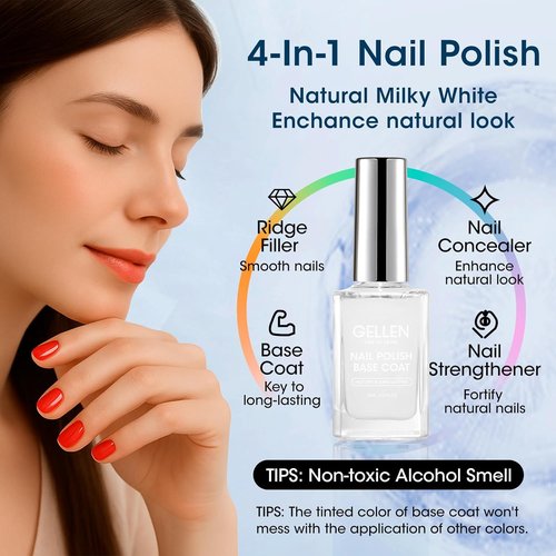 GELLEN Clear Nail Polish Base Coat - Sheer Milky White, Strengthens Nails & Enhances Natural Look