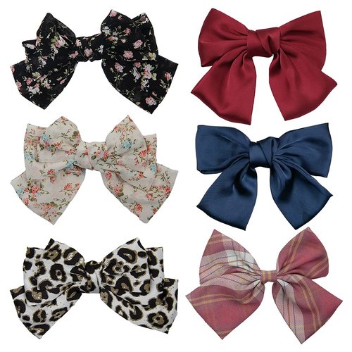 6 Pcs Big Bow Hair Barrettes 8 Inch Leopard Rhombus Floral Satin Hair Bow Handmade Ribbon Bow knot Hair Clips for Fashion Women