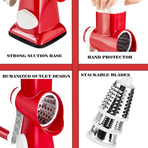 Cheese Grater with Handle by [Brand Name] - Multifunctional Rotary Shredder for Easy Vegetable & Fruit Prep | Red