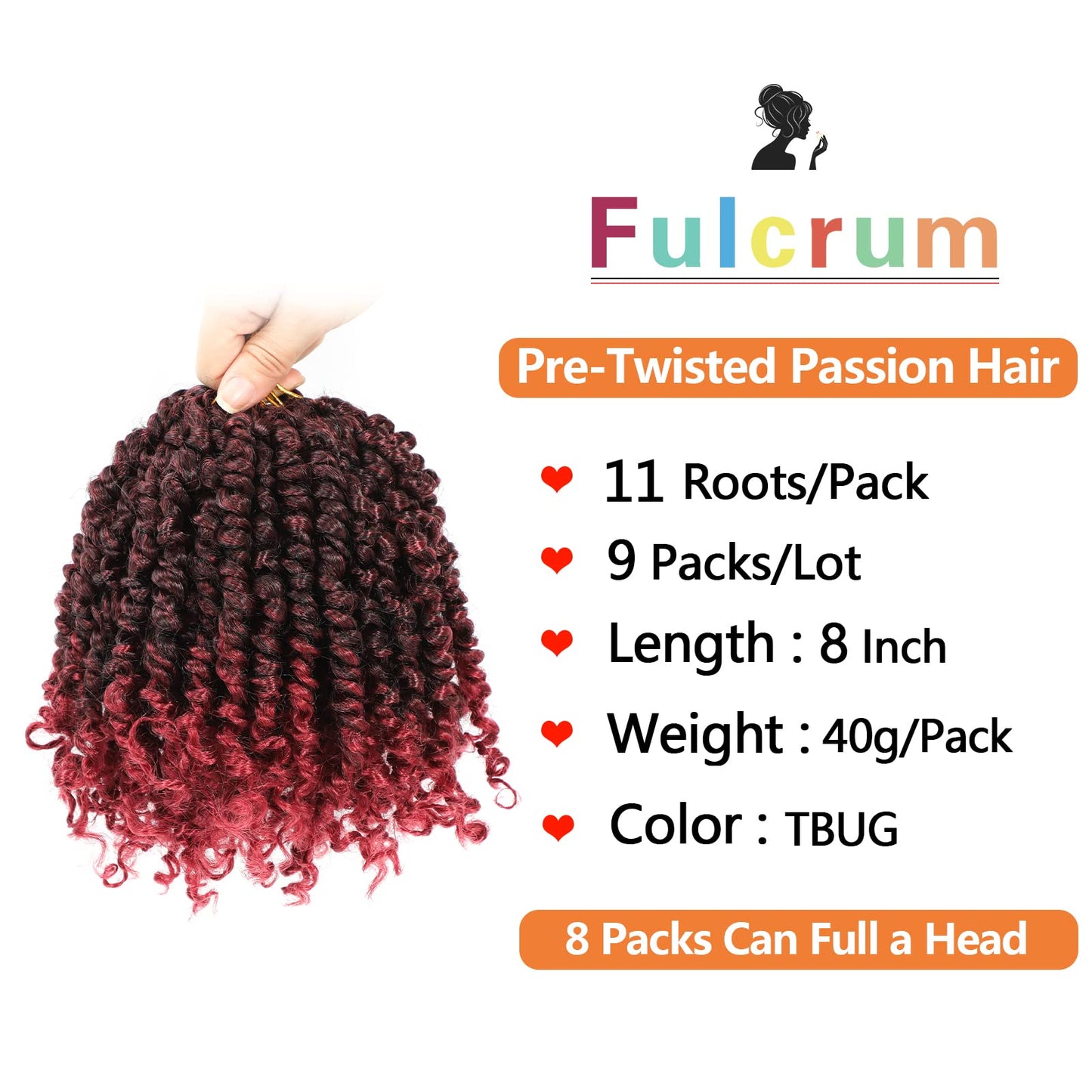 Fulcrum Passion Twist Crochet Hair 8 Inch, 9 Packs Pre Looped Passion Twist Hair, Pre-Twisted Passion Twist Crochet Hair For Black Women (8Inch (Pack of 9), TBUG#)