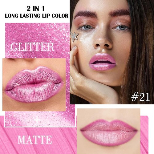 Evpct Pink Metallic Glitter Lip Liner & Lipstick Combo - Long-Lasting Waterproof Rose Pink Shimmer Set