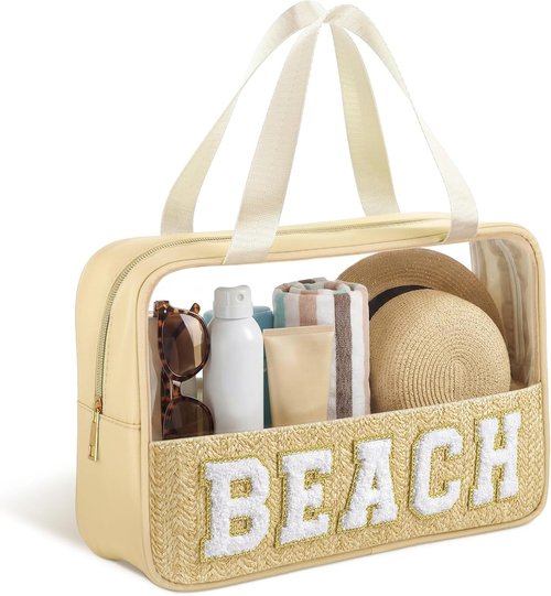 Kajaia Clear Beach Bag - Large Woven Transparent Makeup & Toiletry Storage | Boho Chenille Design - Beige