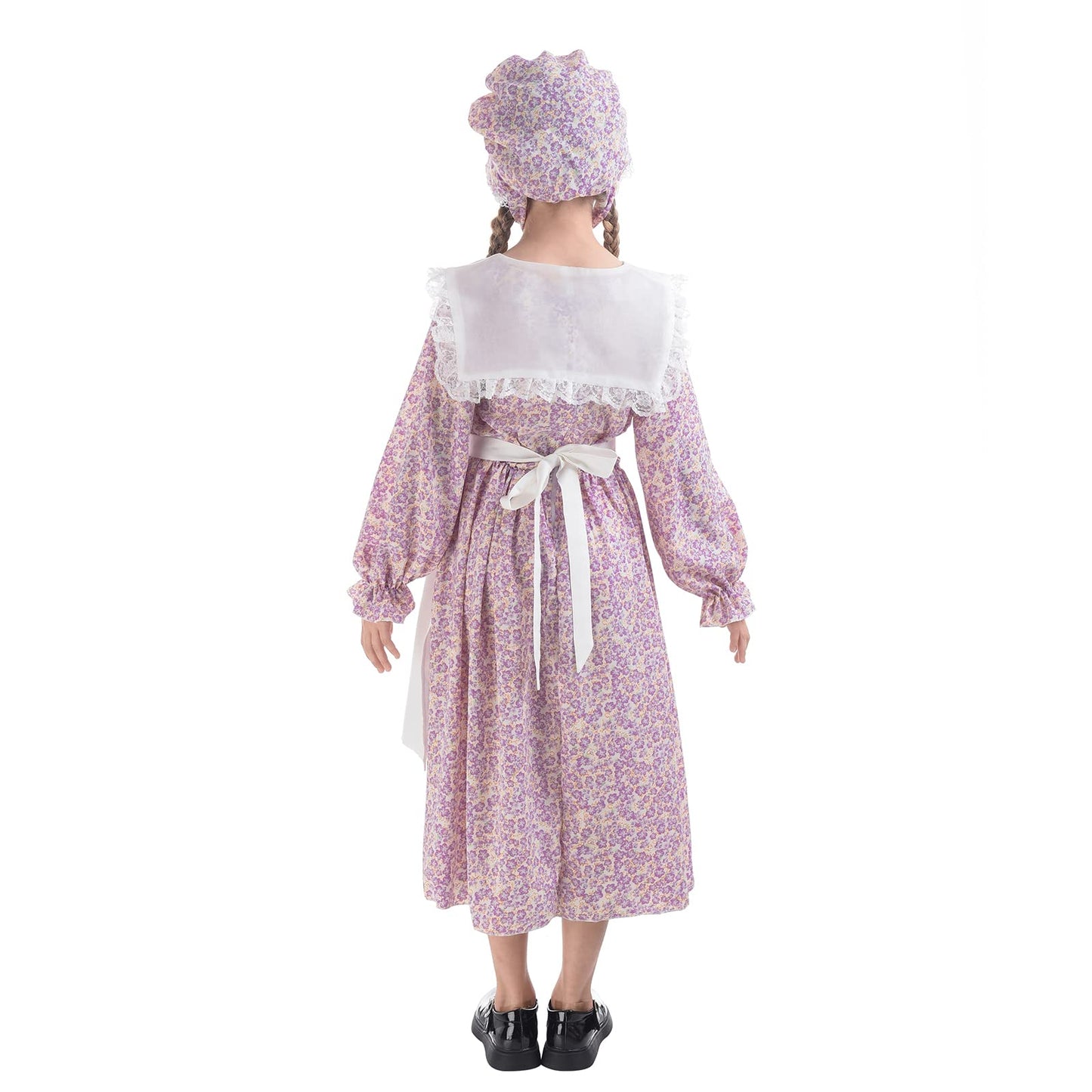 LTAKK Prairie Dresses for Girls Pioneer Colonial Costume Girl Pilgrim Dress with Shawl, Apron and Bonnet, Violet, Large