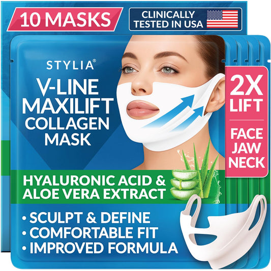Stylia MaxiLift V-Line Lifting Collagen Face Mask - Neck Firming & Tightening - 10PC Set with Hyaluronic Acid & Aloe Vera