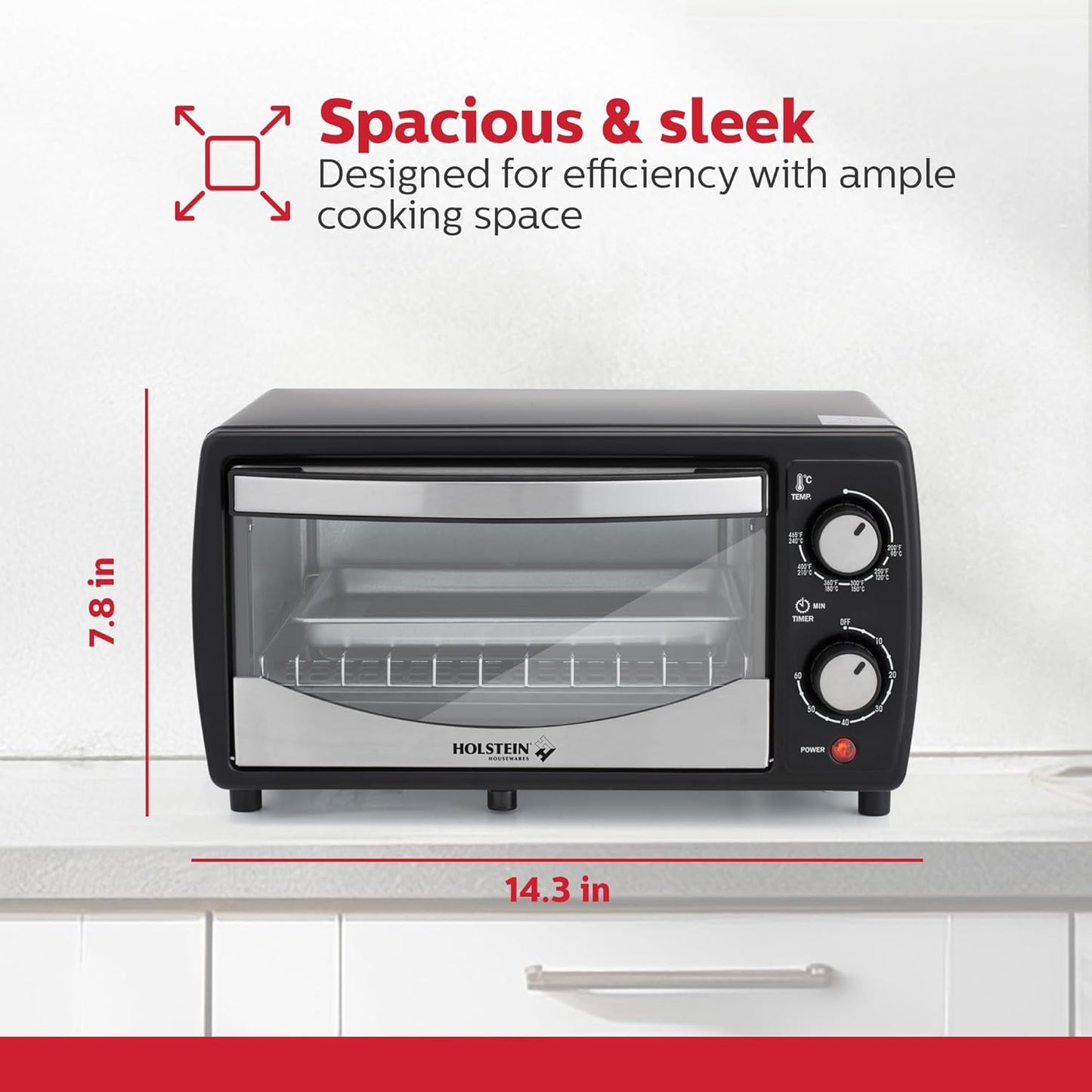 Holstein Housewares 4-Slice Toaster Oven - Compact Design with 60-Minute Timer | Includes Pan & Wire Rack in Sleek Black