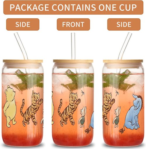 Pooh Bear Inspirational Canvas Tote Bag & 16oz Iced Glass Cup Gift Set for Friends