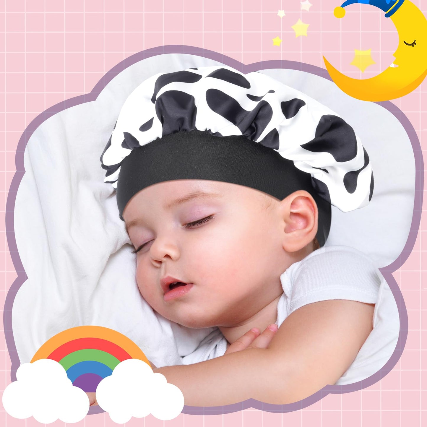 Lolalet 2 PCS Kids Bonnets for Girls, Reversible Silk Bonnet for Sleeping Satin Bonnet Cap with Wide Elastic Band -Cow & Leopard