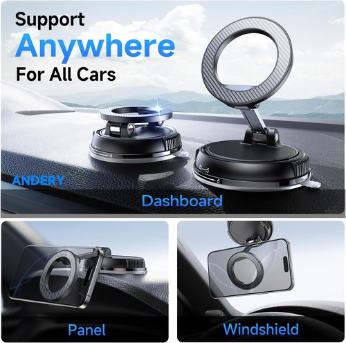 ANDERY Car Phone Holder - MagSafe Compatible | 78+LBS Suction & 2400gf Magnetic | 360° Adjustable for iPhone 17 Pro Max, 16, 15, 14, 13, 12 Plus, Carbon Fiber