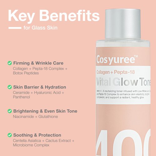 Cosyuree Collagen + Pepta-18 Vital Glow Toner, pH 5.5 Toner, pH Balancing, Absorbing Boost, Calming Skin, Refreshing, Hydrating, Purifying, Korean Skincare, 200ml/6.76 fl.oz
