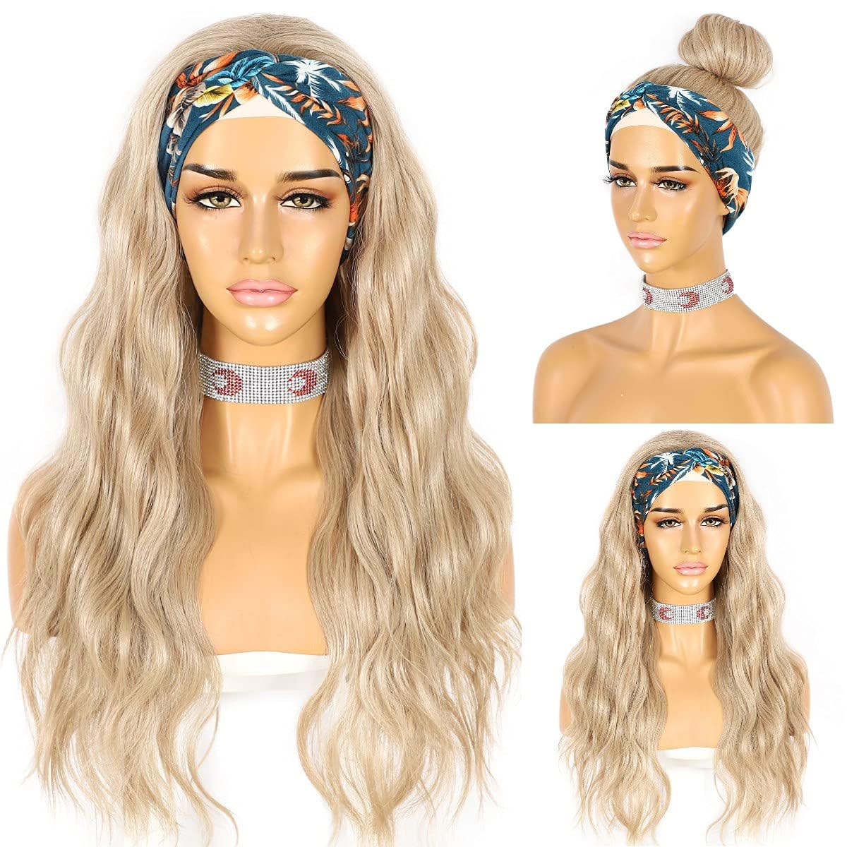 SAPPHIREWIGS Headband Wigs Synthetic Long Wavy Ash Blonde Color Wigs for Black Women Natural Looking High Density Glueless Synthetic Wig Heat Resistant 26inch