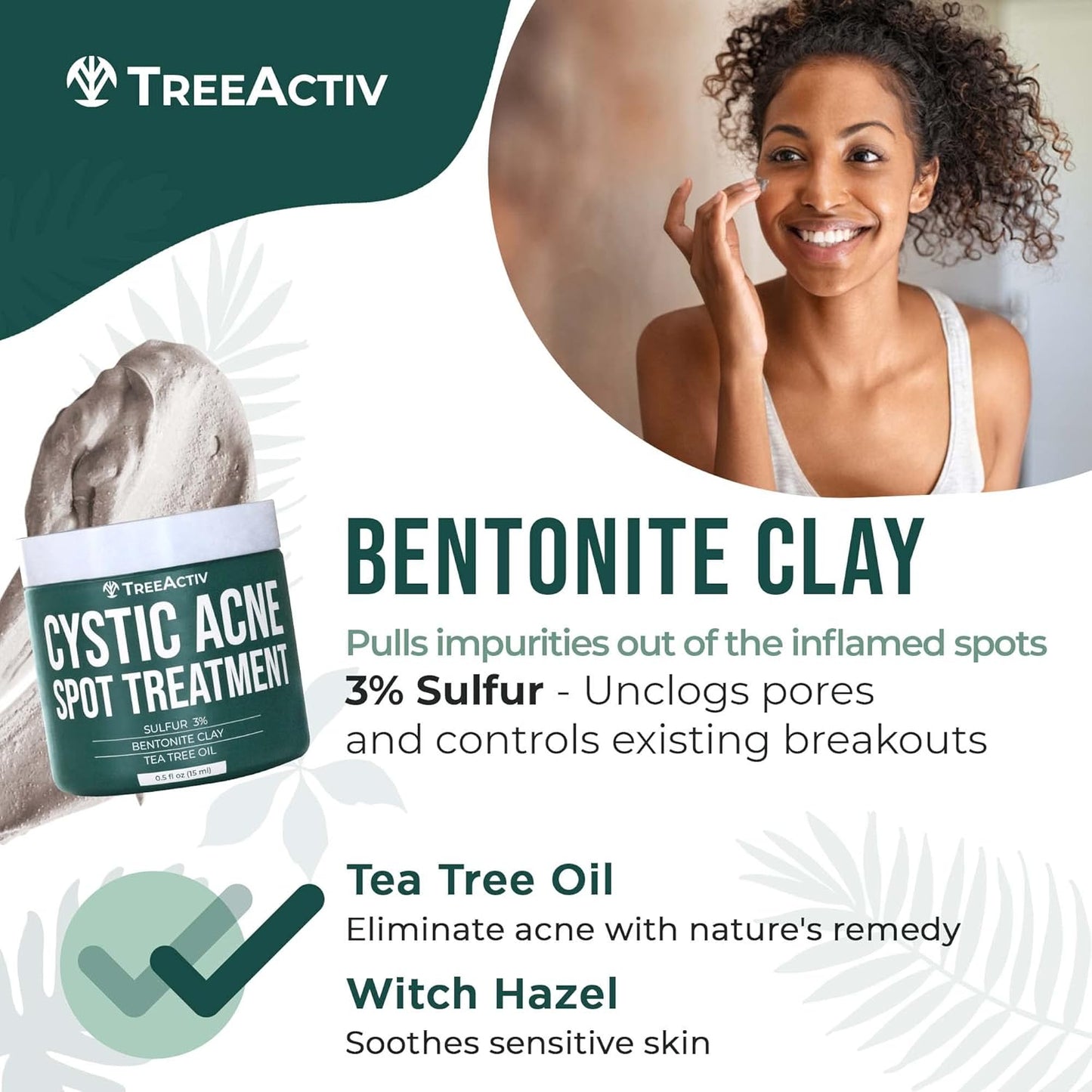 TreeActiv Cystic Acne Spot Treatment Paste - Sulfur & Tea Tree Oil for Deep Breakouts | 0.5 oz