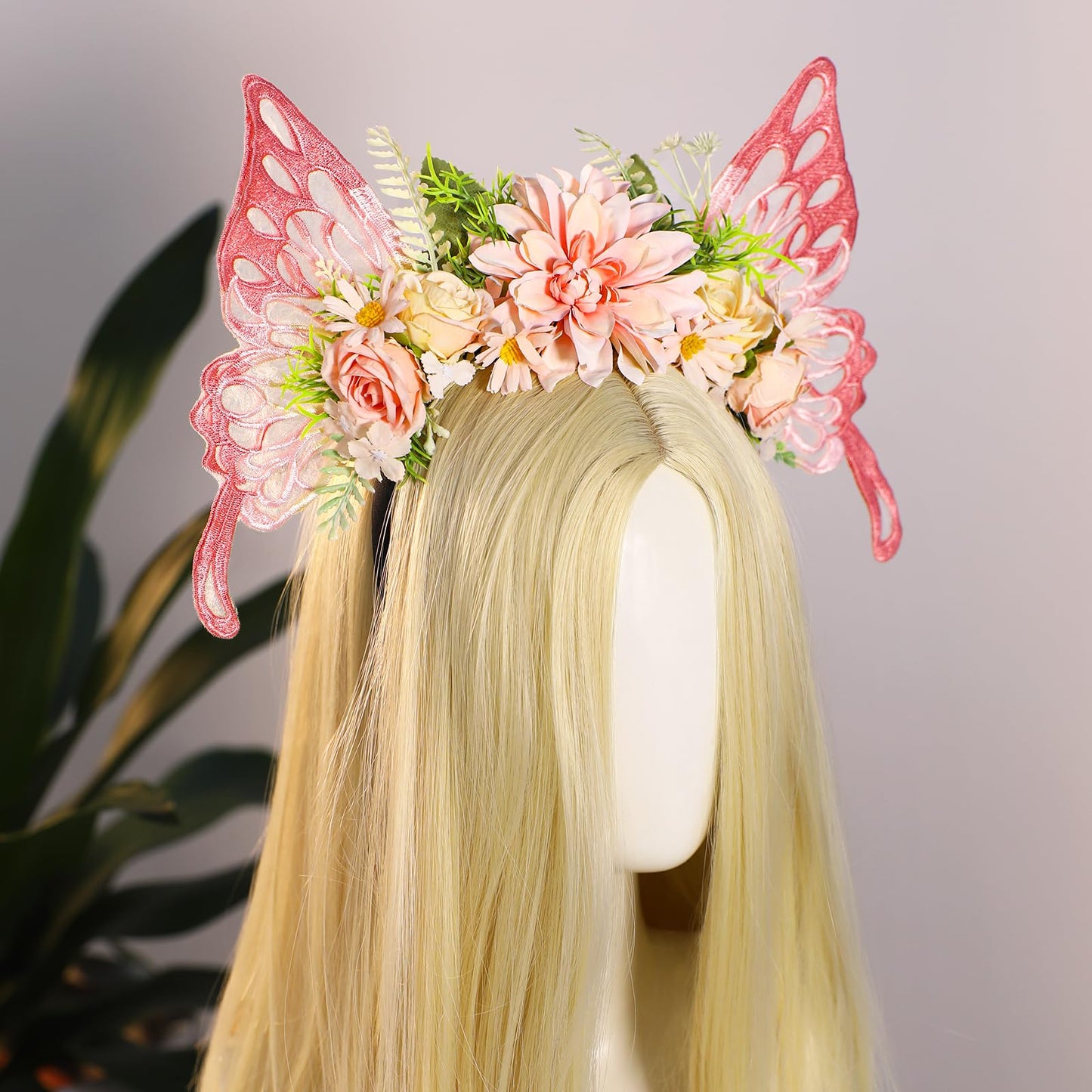 MOSTORY Pink Butterfly Fairy Headband - Flower Crown with Wings Woodland Floral Hairband Elf Forest Headpiece for Women Princess Renaissance Renfaire Fairy Outfit Cosplay Photo Shoot