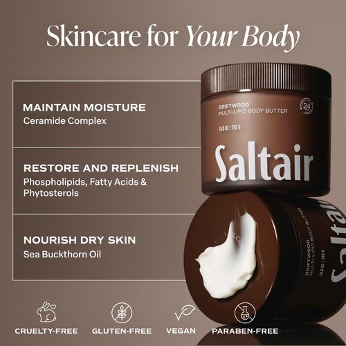 Saltair Multi-Lipid Body Butter - 24-Hour Hydration & Barrier Support - Ceramides, Coconut Oil & Shea Butter - Driftwood, 10oz