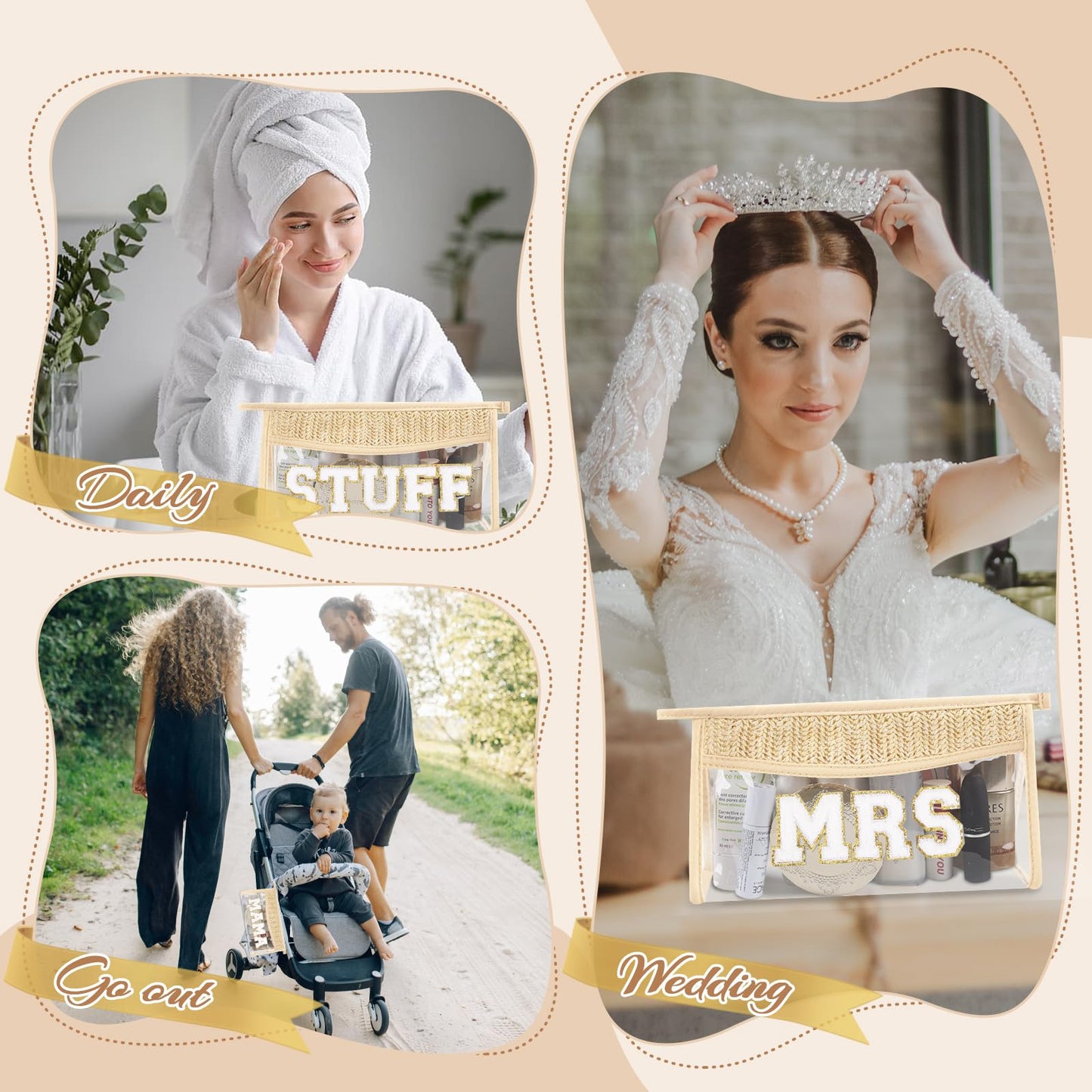 Small Boho Straw Clear Stuff Makeup Bags for Women&Girls, Zipper Cosmetic Bag Chenille Varsity Letter Patch Bag, Preppy Cute Toiletry Pouch, Trendy Organizer Storage Bag for Beach Travel Essentials