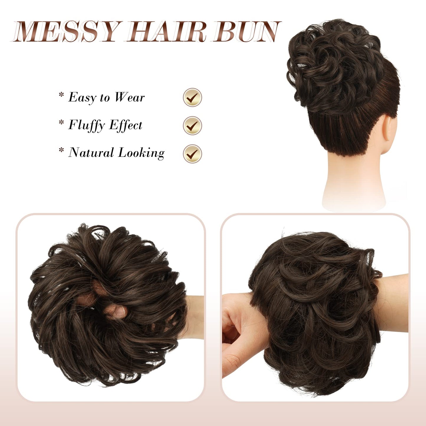 FESHFEN Messy Bun Hair Piece Wavy Curly Large Hair Bun Scrunchies Extensions Synthetic Dark Brown Mixed Light Auburn Tousled Updo Hairpieces for Women Girls