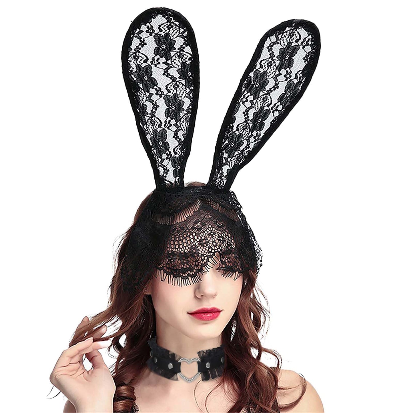 Acenail Sexy Lace Black Bunny Ears Headbands Rabbit Ears Hairbands with Veil Heart Leather Choker Necklace Costume Accessories Bunny Party Props Masquerade Cosplay Headwear for Halloween (With Choker)