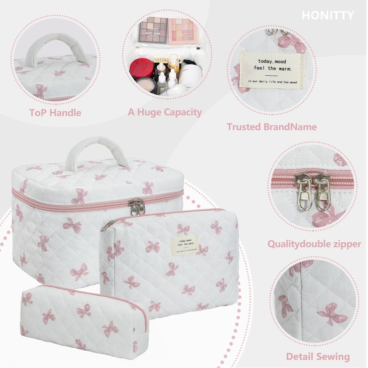 honitty Makeup Bag,Quilted Cosmetic Bag,Large Floral Make Up Bag for Women,Cotton Makeup Bag Set,Flower Travel Toiletry Bag