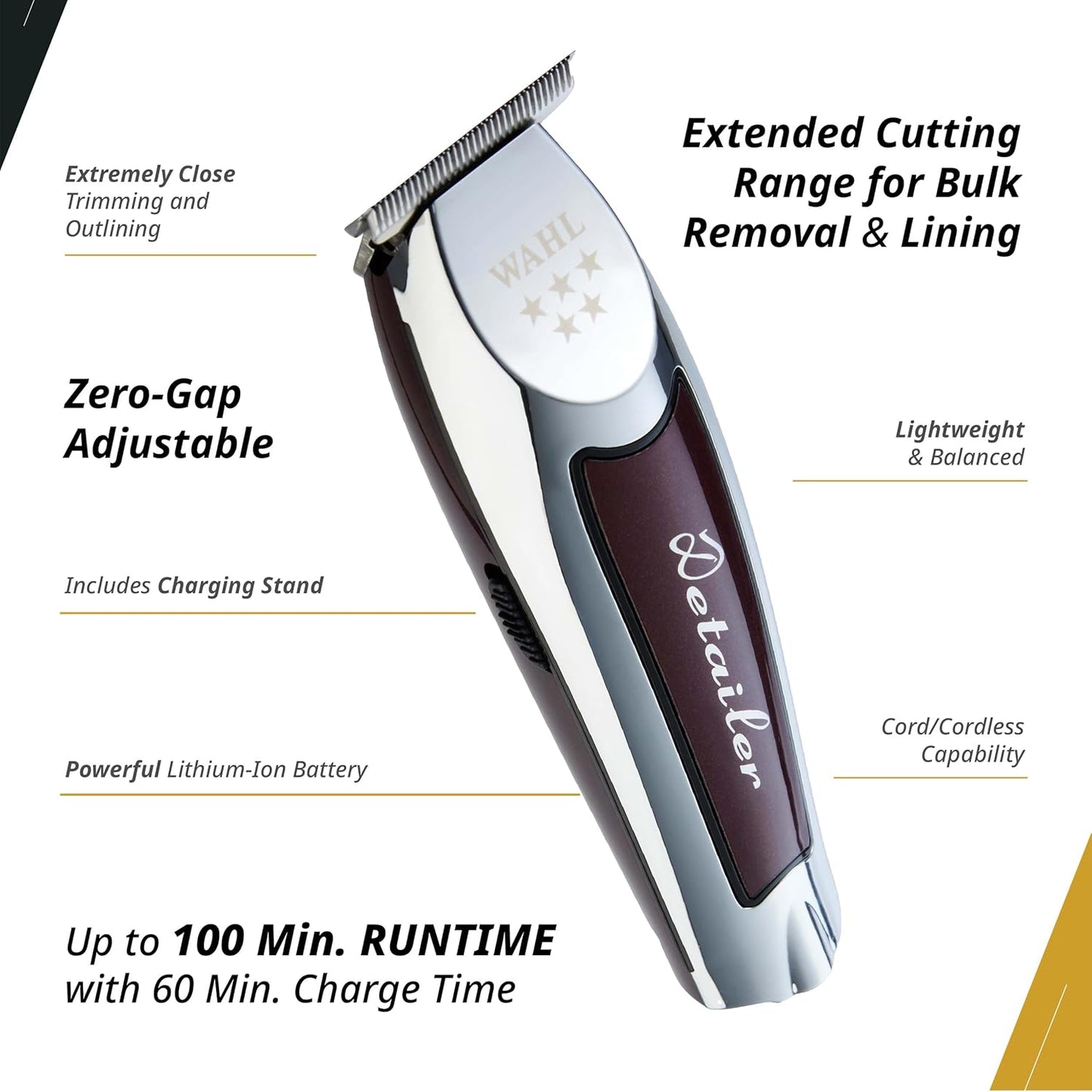 Wahl Professional 5 Star Cordless Detailer Li Trimmer - T Wide Blade, 100 Min Runtime, Charging Stand Included
