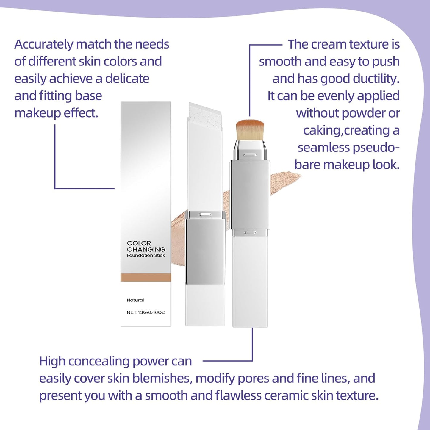 Skiennix Color Changing Foundation Stick - 2-in-1 Hydrating Concealer with Detachable Brush | Portable Daily Makeup (Natural, 13g)