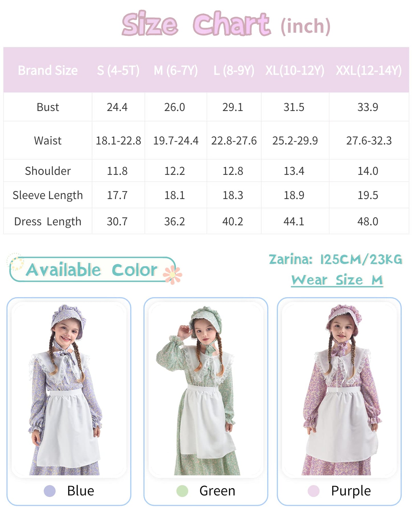 NSPSTT Colonial Costume Girls Prairie Dress Long Sleeve Pioneer Dresses for Girls Pioneer Bonnets Girl, Blue, XXL age over 4 years old