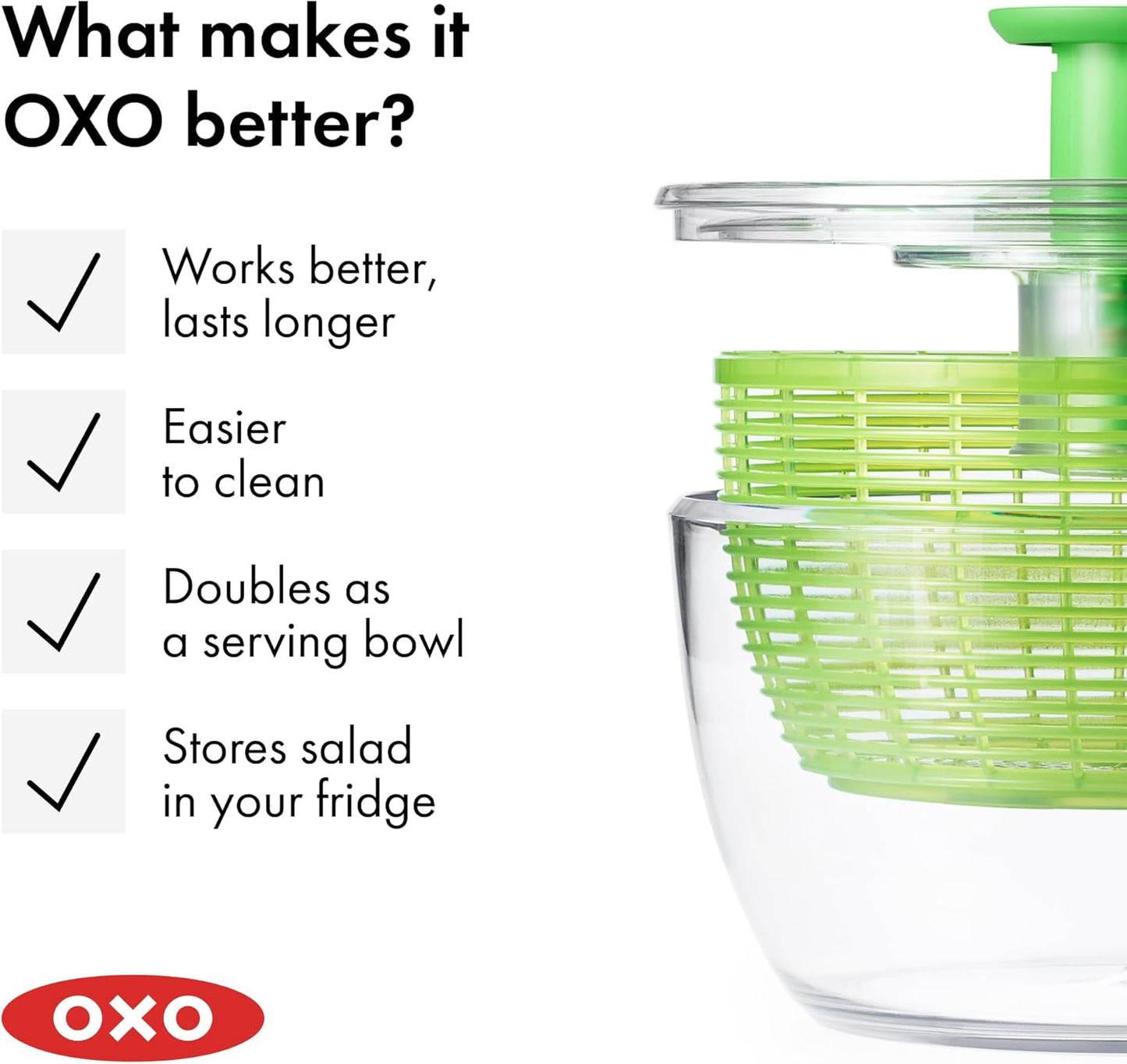 OXO Good Grips Salad Spinner - Large, Green Lettuce & Fruit Washer, BPA-Free, Easy One-Hand Pump