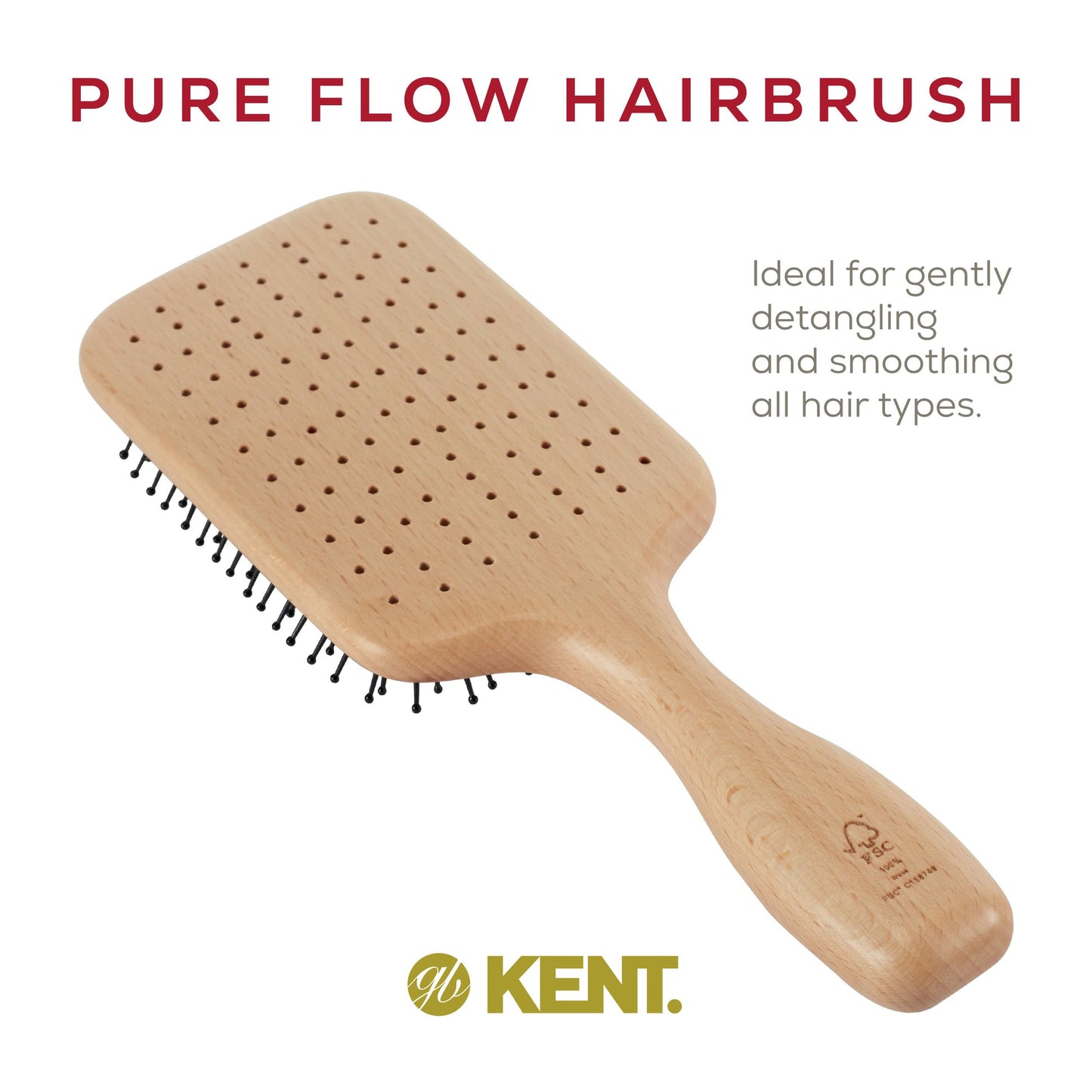 Kent LPF2 Large Cushion Paddle Hair Brush, Vented Taming Fine Pins Hair Detangle Brush for Long Thick and Curly Hair, Scalp Massager and Growth Stimulator Wet or Dry Hair Detangling. Made in England