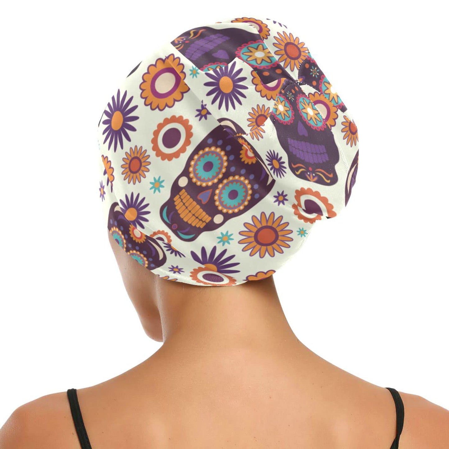 ElliTarr Satin Bonnet Lined Sleep Cap Hair Wrap Cover Slouchy Beanie for Curly Hair Protection for Gifts for Men Women Cute Skull Halloween