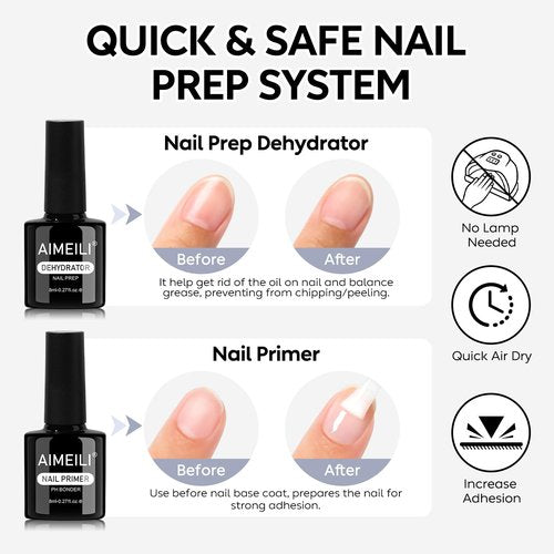 AIMEILI 3Pcs Gel Nail Glue Nail Dehydrator and Primer, Hema Free, Cruelty Free, Vegan, Clear High Gloss Gel Nail Polish Long Lasting Nail Art