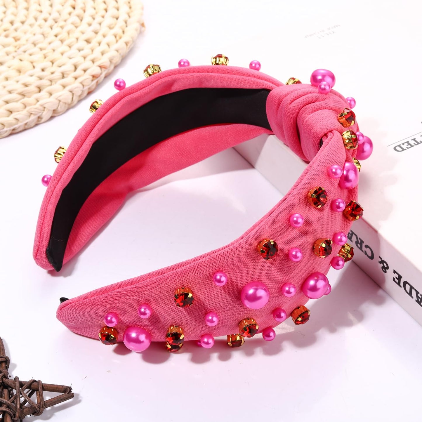 Valentines Day Headband Pearl Rhinestone Knotted Headband for Women Valentine's Holiday Hot Pink Wide Twist Jeweled Hairband Valentine Party Hair Accessories Gifts (hot pink hairband A)