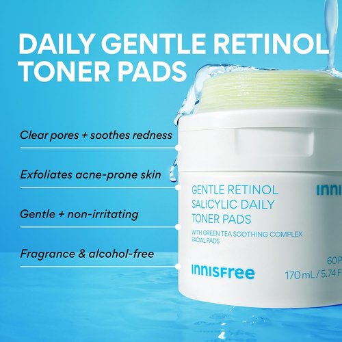Innisfree Daily Gentle Retinol Toner Pads - Korean Acne Treatment Sheet Mask Pads for Clear Skin