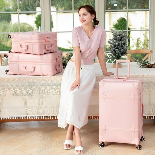 NZBZ Vintage Luggage Set - Cute Retro Expandable Suitcases for Women | Blush Pink (14" & 20")