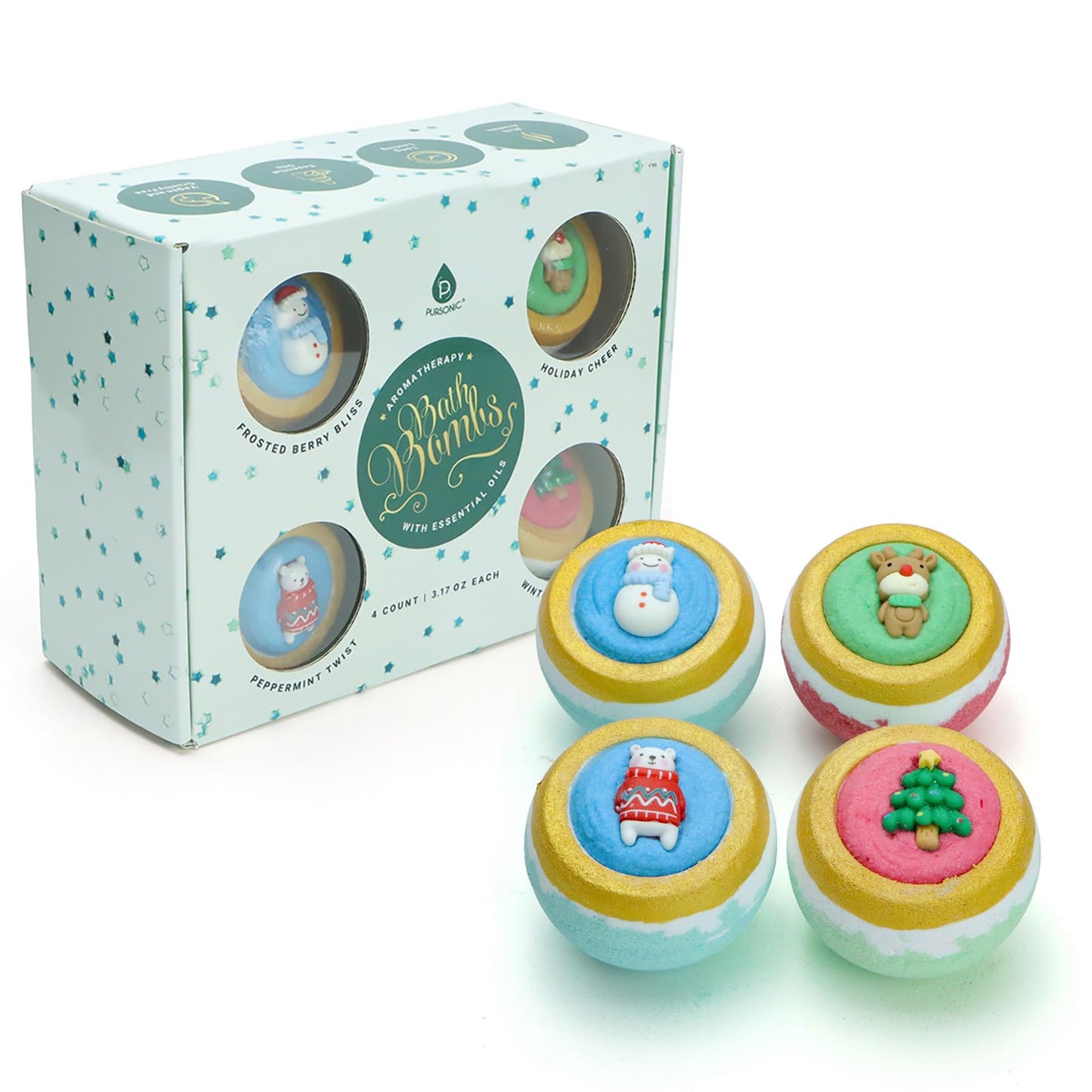 Pursonic Bath Bombs Gift Set - 4 Pcs Essential Oils Bath Bombs for Women - Spa Fizzies for Relaxation Christmas Gifts for Women (Berry Bliss, Holiday Cheer, Peppermint, Winter Wonderland)