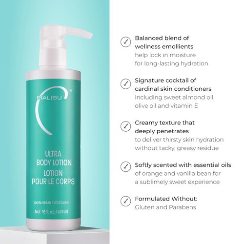 Malibu C Ultra Body Lotion - Hydrating Formula for Extremely Dry Skin - Weightless Moisture & Radiant Glow | 16 fl oz