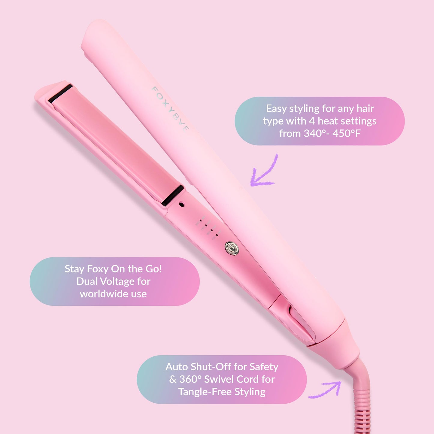 FoxyBae Hair Straightener, 1" Sleek & Slay Ceramic Flat Iron Hair Straightener - Dual Voltage Portable 2 in 1 Hair Curler & Straightener for Frizz Free, Shinier & Smoother Hair [Party-Pink]