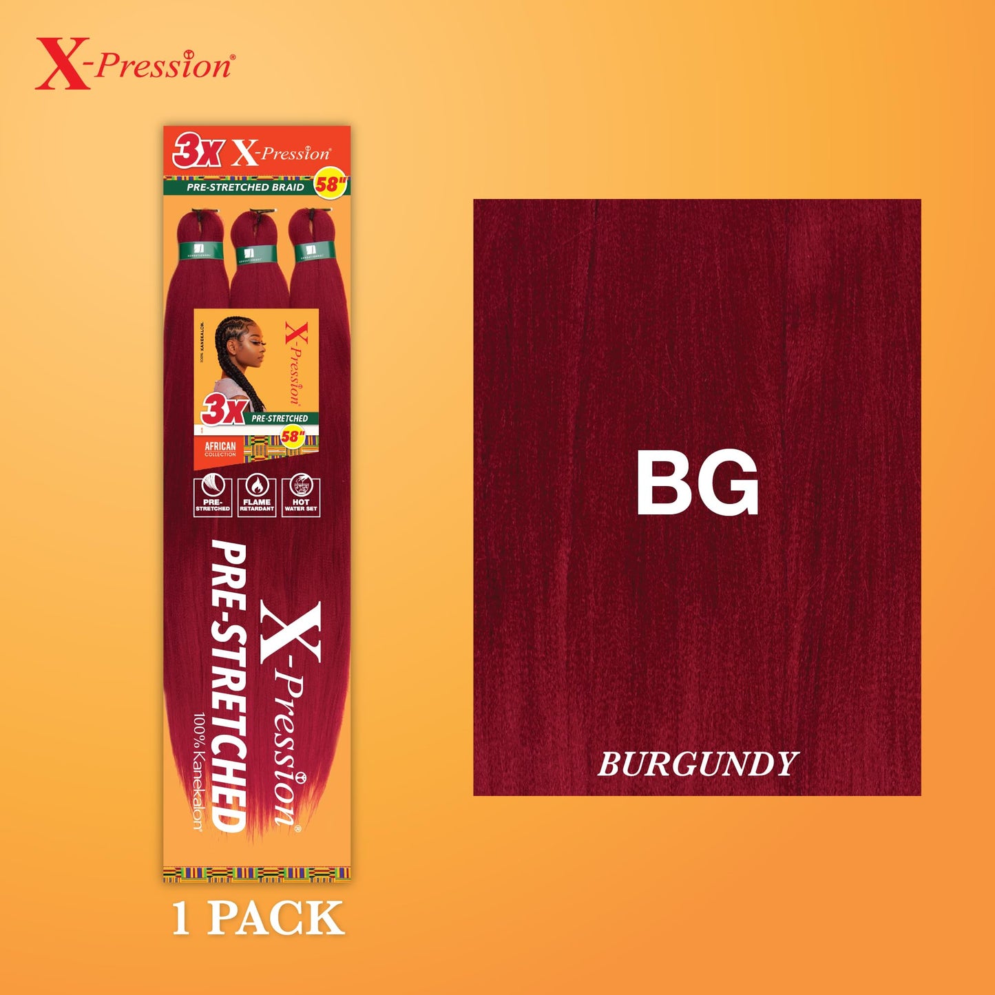 Sensationnel Xpression prestretched braiding hair - 3x xpression 58-inch flame retardant smooth yaki braid - 3x x-pression 58 inch (1 pack, BG BURGANDY)