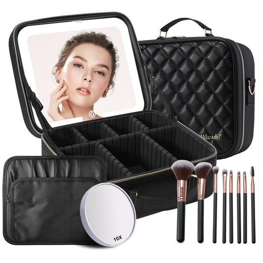 Mocado Travel Makeup Bag with LED Lighted Mirror,Travel Makeup Organizer, Makeup Case with 8 Makeup Brushes and 10x Magnifying Mirror, 3 Color Lighting, Adjustable Divider Makeup Box(Black Lozenge)