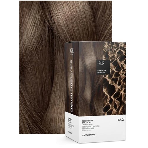 IGK Permanent Hair Dye Color Kit - 6AG French Riviera Light Beige Brown | 100% Gray Coverage, Strengthens & Shines
