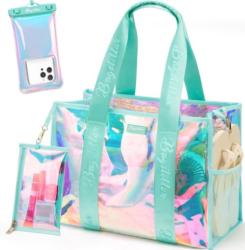 Bagstellar Iridescent Beach Tote Bag - Large Waterproof & Sandproof with Makeup Bag & Pouch | Adjustable Strap, Packable Travel Essential for Women