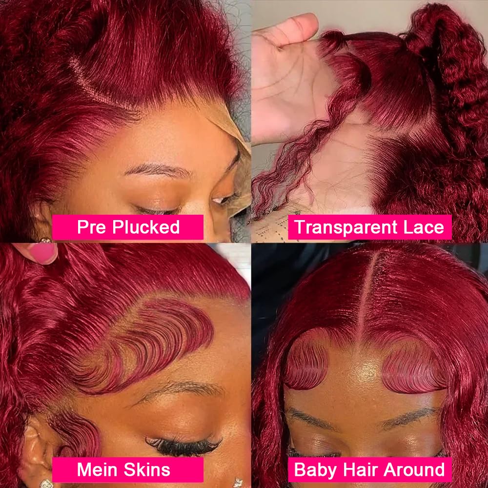 Skiennix 24-Inch 99J Burgundy Deep Wave Wig - HD Transparent Lace Front, 180 Density, Pre-Plucked