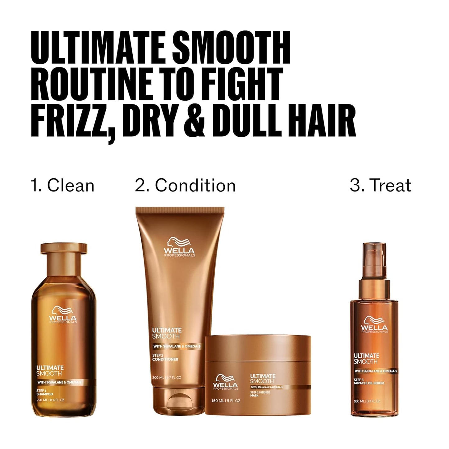 Wella Professionals Ultimate Smooth Shampoo, Conditioner & Miracle Oil Bundle | Nourishes & Smooths Dry, Frizzy Hair | Color Safe, Heat Protectant
