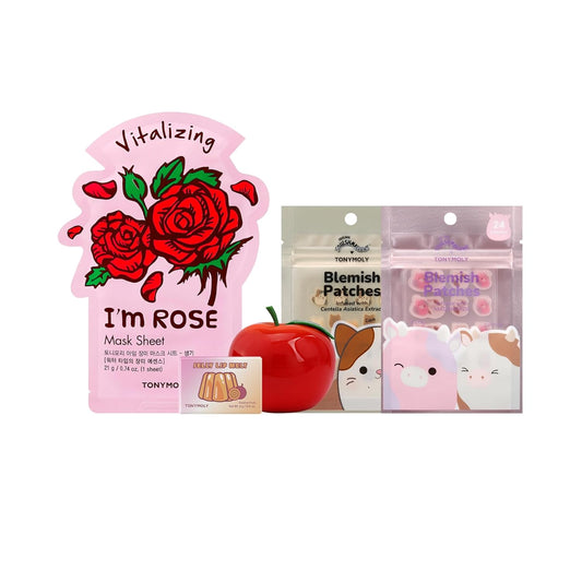 TONYMOLY K-Beauty Skincare Set - Hydrating Sheet Mask, Jelly Lip, Hand Cream & Blemish Patches | Mini Tote for Glowing Skin