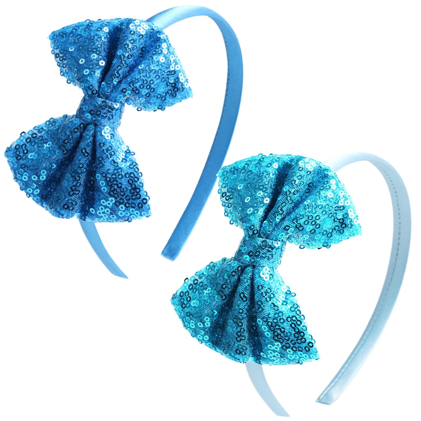 Kiszu Sparkly Sequin Hair Bow Headbands Fashion Glitter Cute Boutique Ribbon Bows for Girls, Kids, and Women (Peacock Green,Blue)