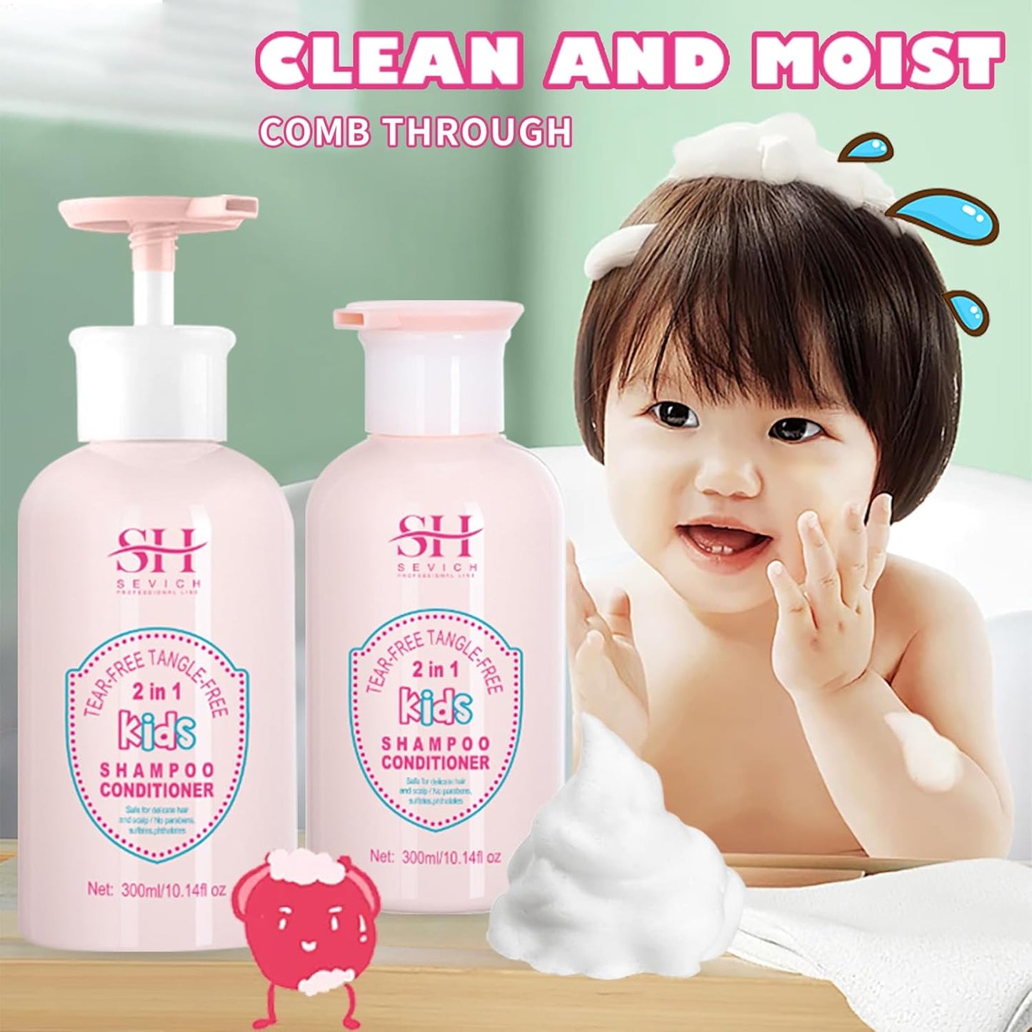 SEVICH Kids 2-in-1 Shampoo & Conditioner - Tear-Free, Hypoallergenic Formula for Sensitive Scalp | 10.14 fl oz (300ml)