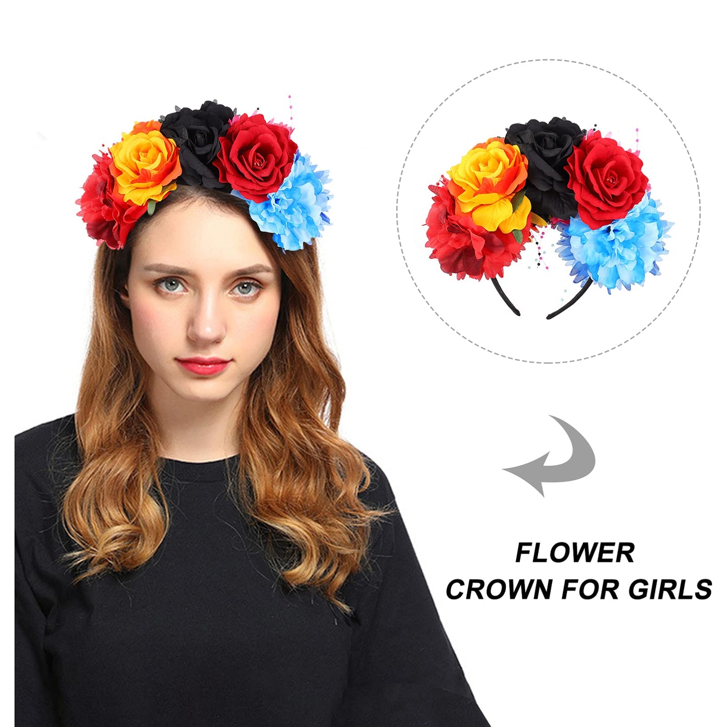 Lurrose Day of The Dead Headband, Halloween Rose Flower Hair Bands Mexican Floral Headpiece for Costume Party, Color 1