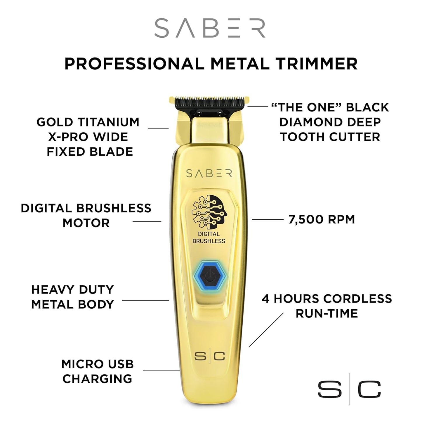 StyleCraft Saber Professional Cordless Hair Trimmers - Full Metal Body with Brushless Motor