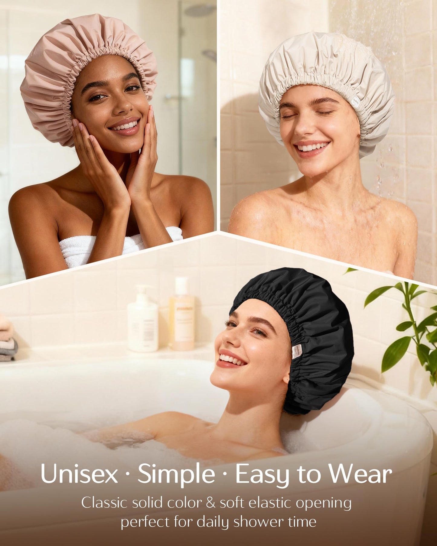 Yanibest Satin Lined Shower Cap for Women Reusable Waterproof, Large Bath Cap with Soft Elastic Band, Luxury Hair Protection Caps (Beige)
