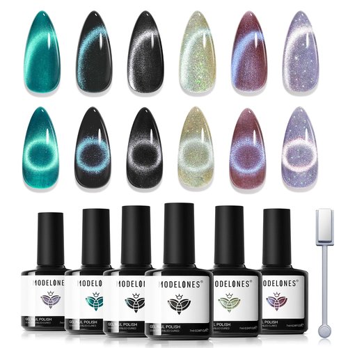 modelones Cat Eye Gel Nail Polish Set, 6 Colors 2026 Spring Summer Holographic 9D Glassy Cat Eye Glitter Gel Polish Set Black Blue Purple Green Nail Polish Kit W Magnet Soak Off LED Nail Art DIY Gift