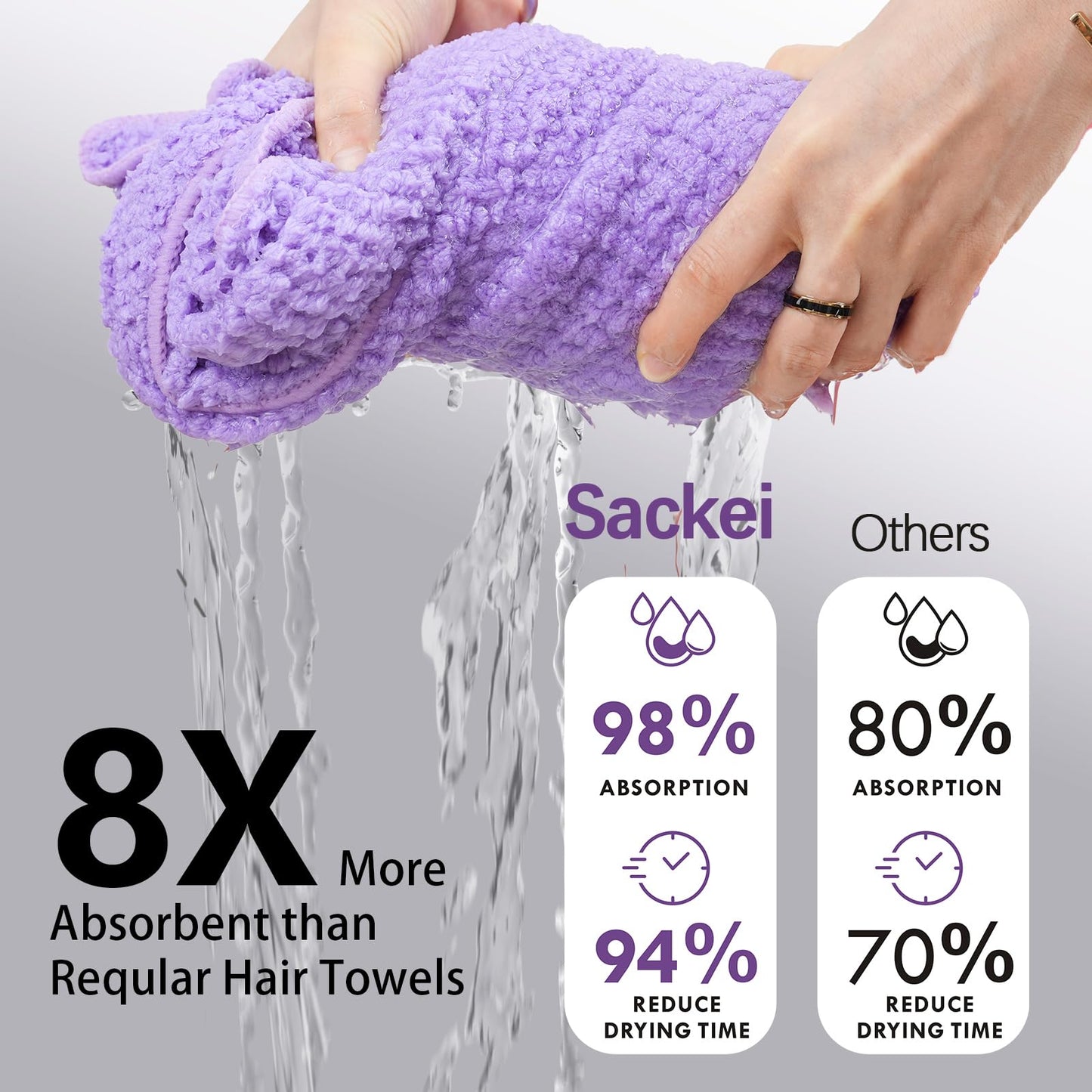 Sackei Large Microfiber Hair Towel Wrap 43.3" x 35.4" Soft Anti Frizz Hair Drying Towel with 2 Elastic Band, Super Absorbent Fast Dry Plopping Hair Turbans for Women Wet Long Curly Hair Purple