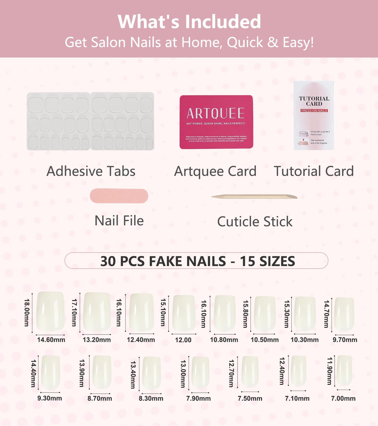 Artquee Press on Nails Short Soft Nude Square False Tips Glossy Reusable Fake Stick on Nails Kit for Women - 30 PCS 15 Sizes